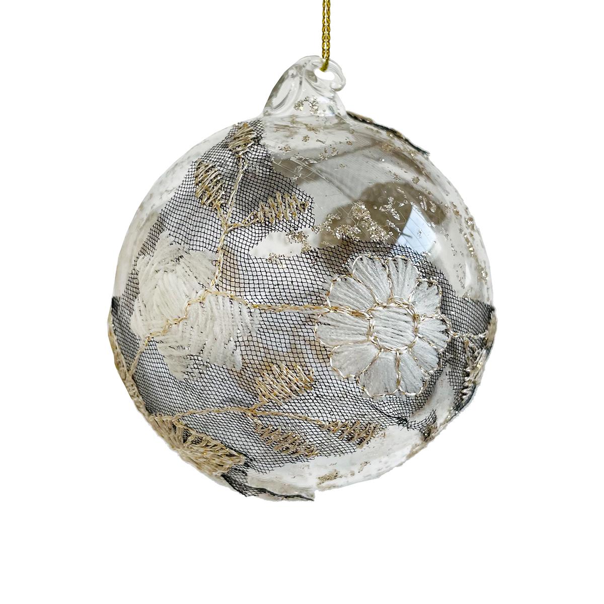 Glass Ball With Grey-Cream Lace 8Cm