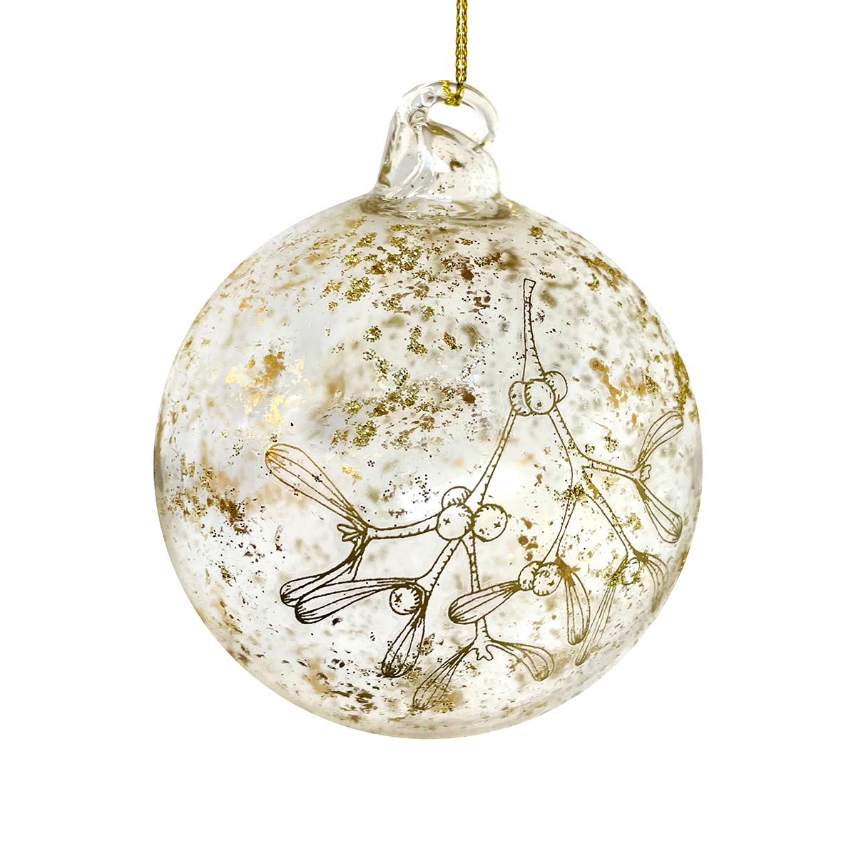 Glass Ball Clear With Gold Mistletoe And Gold Leaf 8Cm